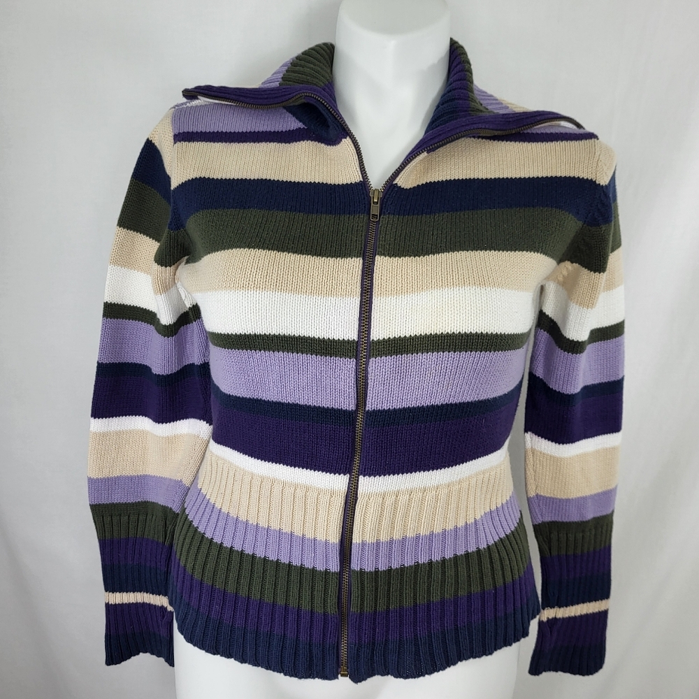 DressBarn Striped Zip Cardigan SWEATER Womens Size M Purple Tan Green Cream